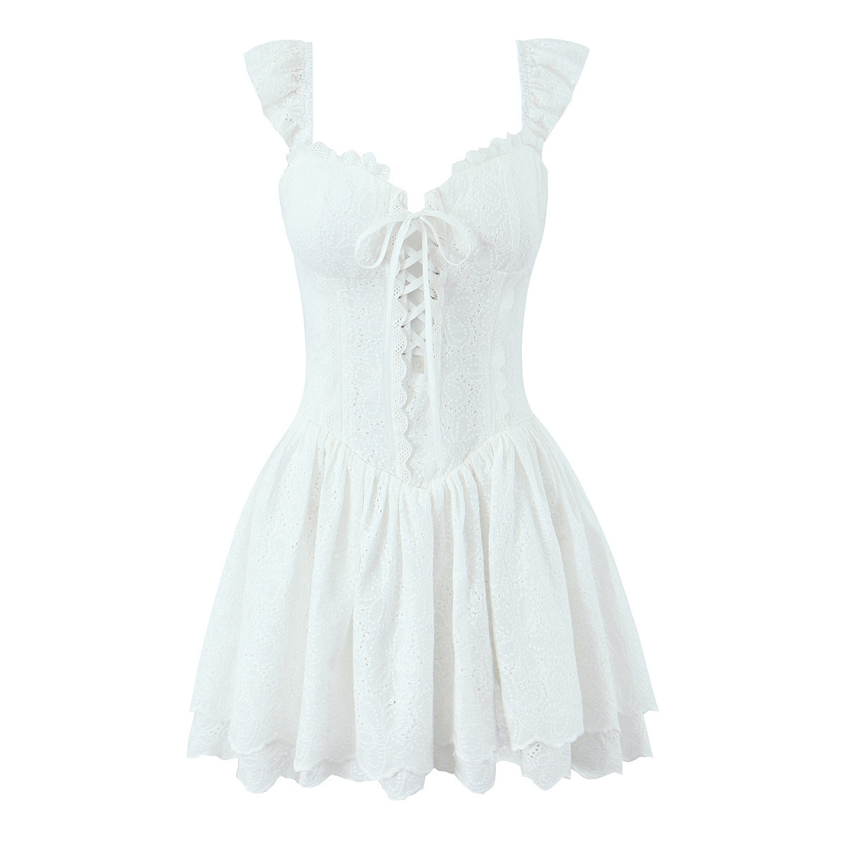 French Sexy V Neck Small Flying Sleeves Lace Strap Dress 2025 Spring and Summer Style Short Skirt for Little Sexys
