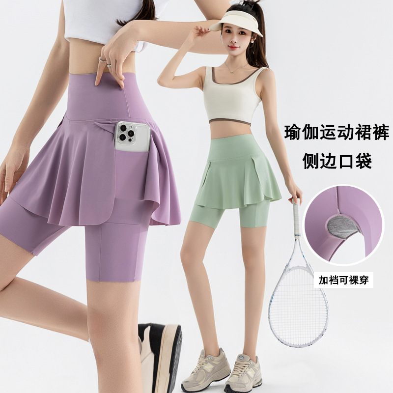Fake Two-Piece Yoga Skirt Pants with Pockets and Gusset, Can Be Worn as a Tennis Skirt, Summer Plus-Size Cycling Pants for Women, Southeast Asian Cross-Border Supply