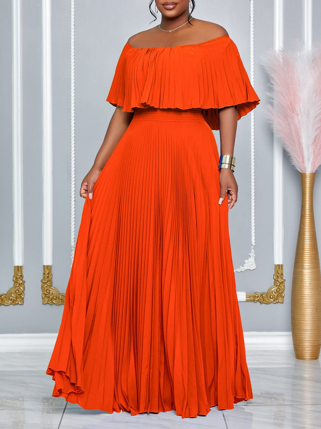 C8594 Amazon Foreign Trade Women's New Sexy Shoulder Collar Pleated Cross-border Dress European and American dress