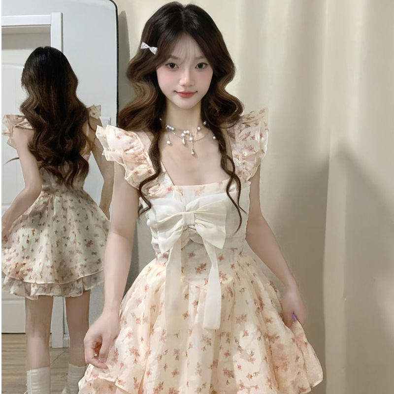 Sweet Style Flutter-Sleeve Bowknot Dress 2026 Summer First Love Princess Puffy Dress Petite Waist-Cinching Short Dress