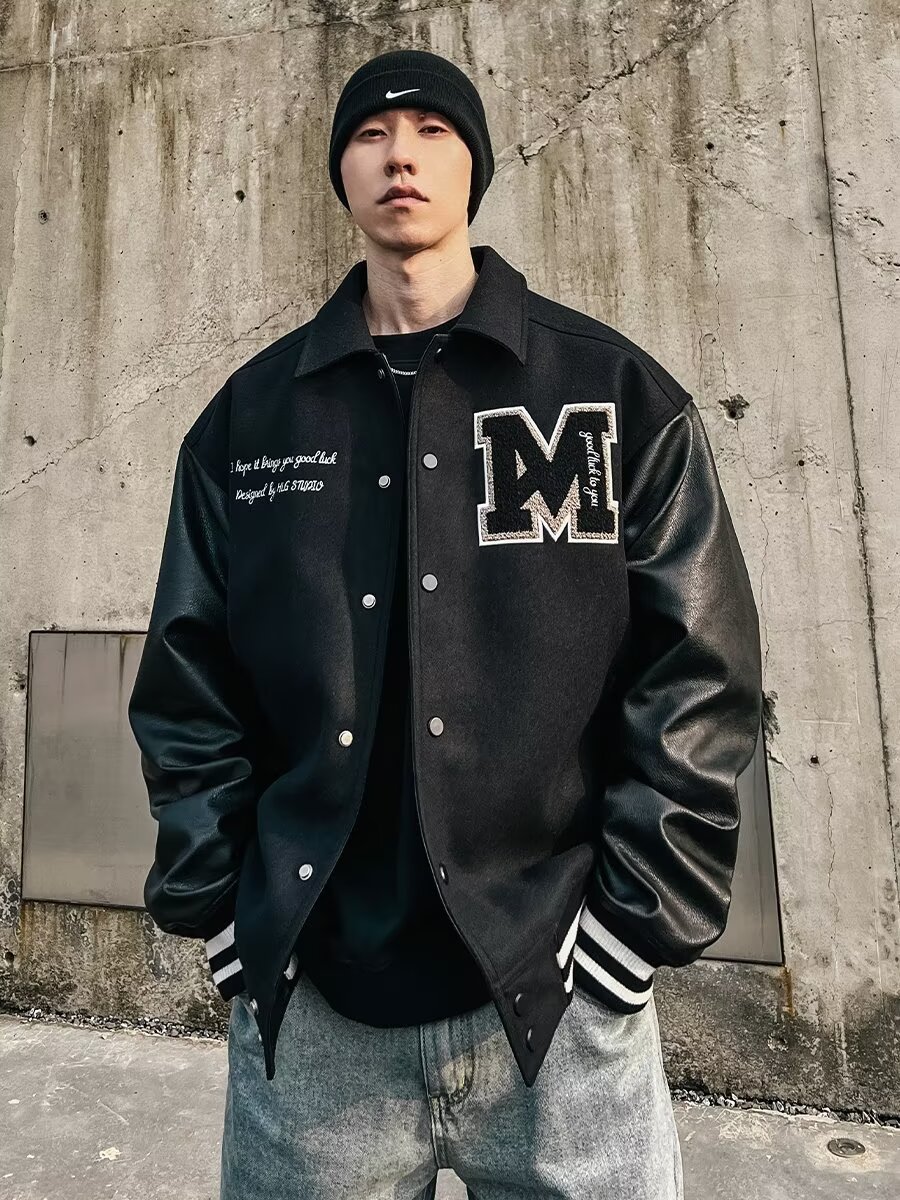 Cross-Border Contrast Color Jacket Men's Spring and Autumn Hong Kong Style Loose Retro Baseball Uniform Embroidered Motorcycle Foreign Trade Top Jacket