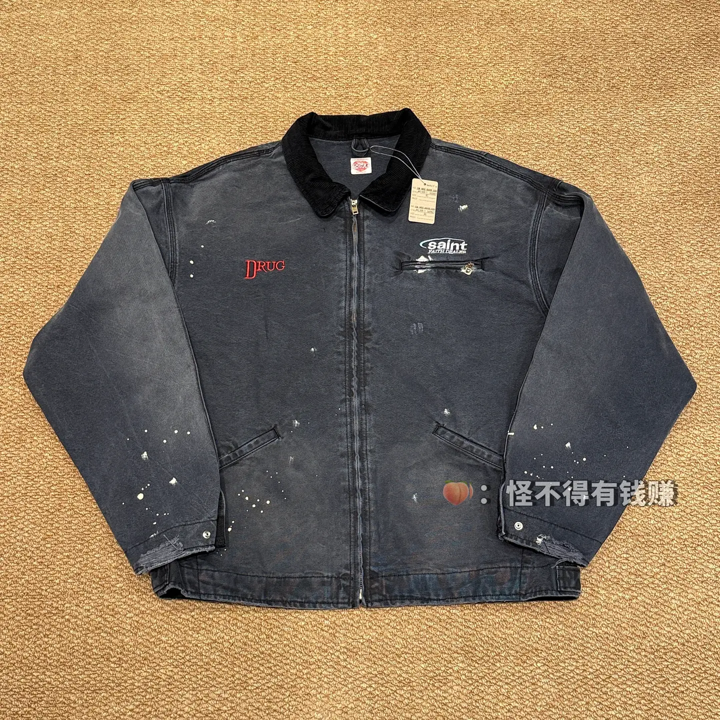 SaintMxxxxxx new embroidered logo Detroit workwear jacket, washed and worn thick canvas zipper jacket
