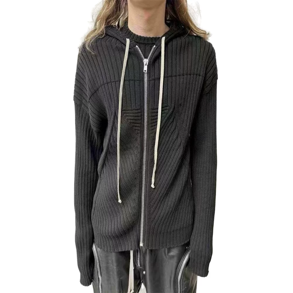 Dark Pioneer RO new geometric ribbed knitted hooded sweater for both men and women, niche zipper cardigan jacket