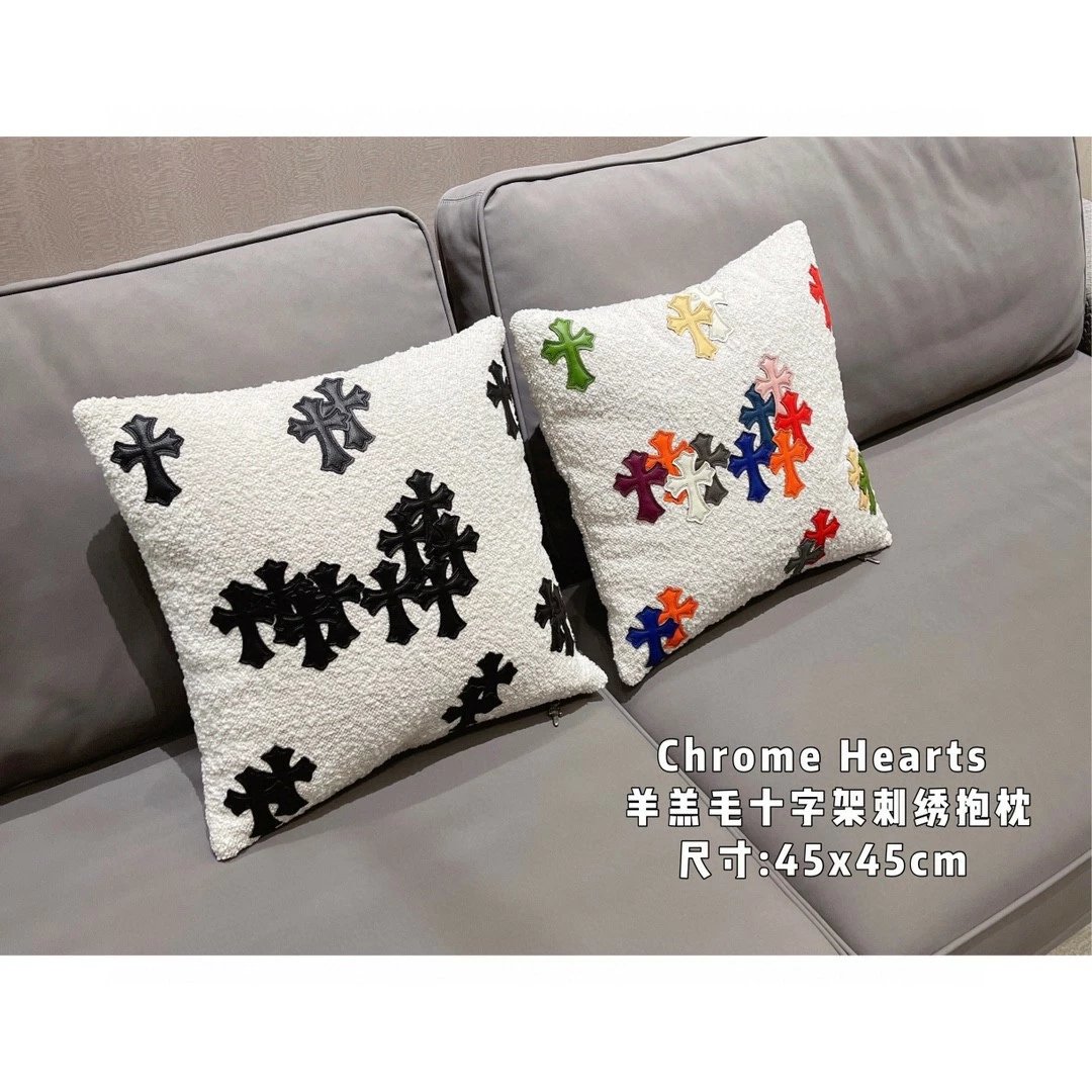Chrome Hearts Lambswool Cross Embroidered Pillow 45x45cm