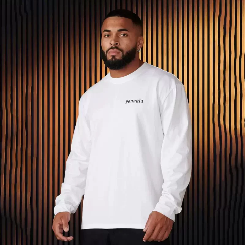 YOUNG LA American men's long sleeved T-shirt autumn new bodybuilding and fitness cotton round neck loose base shirt
