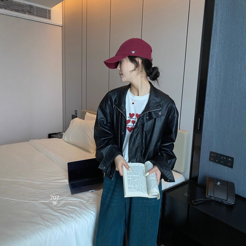 Autumn New High-End Retro Leather Jacket for Women American Sweet and Cool Motorcycle Leather Jacket Short Jacket Trendy