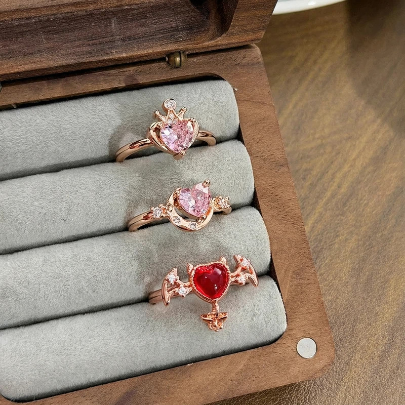 Princess on the Run~ Rose Gold Sweetheart Luxury Heart-Shaped Pink Diamond Crown Bat Zircon Open Ring Personalized Stackable Ring