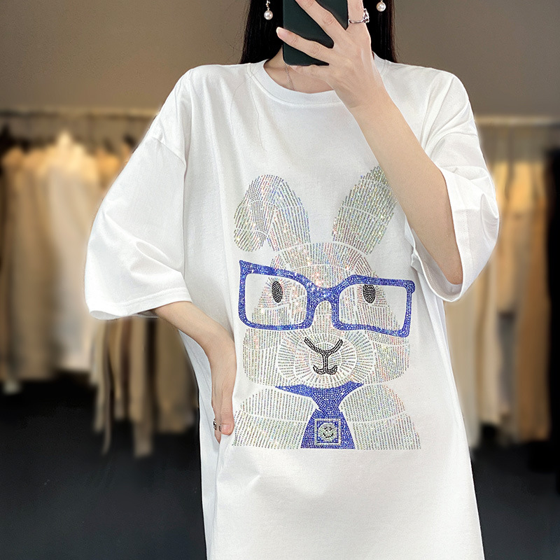 Lower Body Missing T-shirt Women's Heavy Industry Hot Drilling Cotton Printed Short-sleeved Summer Loose Mid-length White Base Shirt