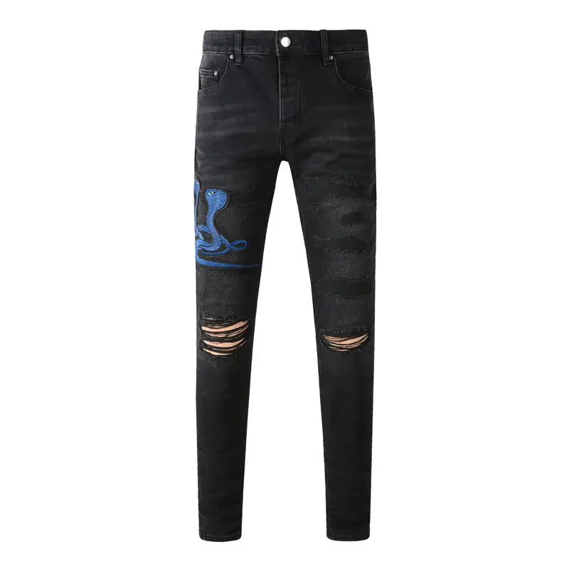 Street Fashion Men's Jeans Black and Grey Washed Ripped Snake Embroidered Sticks Trendy Brand Tight Hip-Hop Skinny Pants