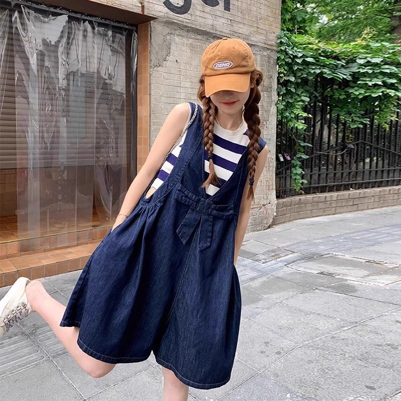 Bow Tie Denim Suspender Shorts for Women to Cover the Flesh, Loose Summer Petite Hot Girls Wear Plus Size Jumpsuits