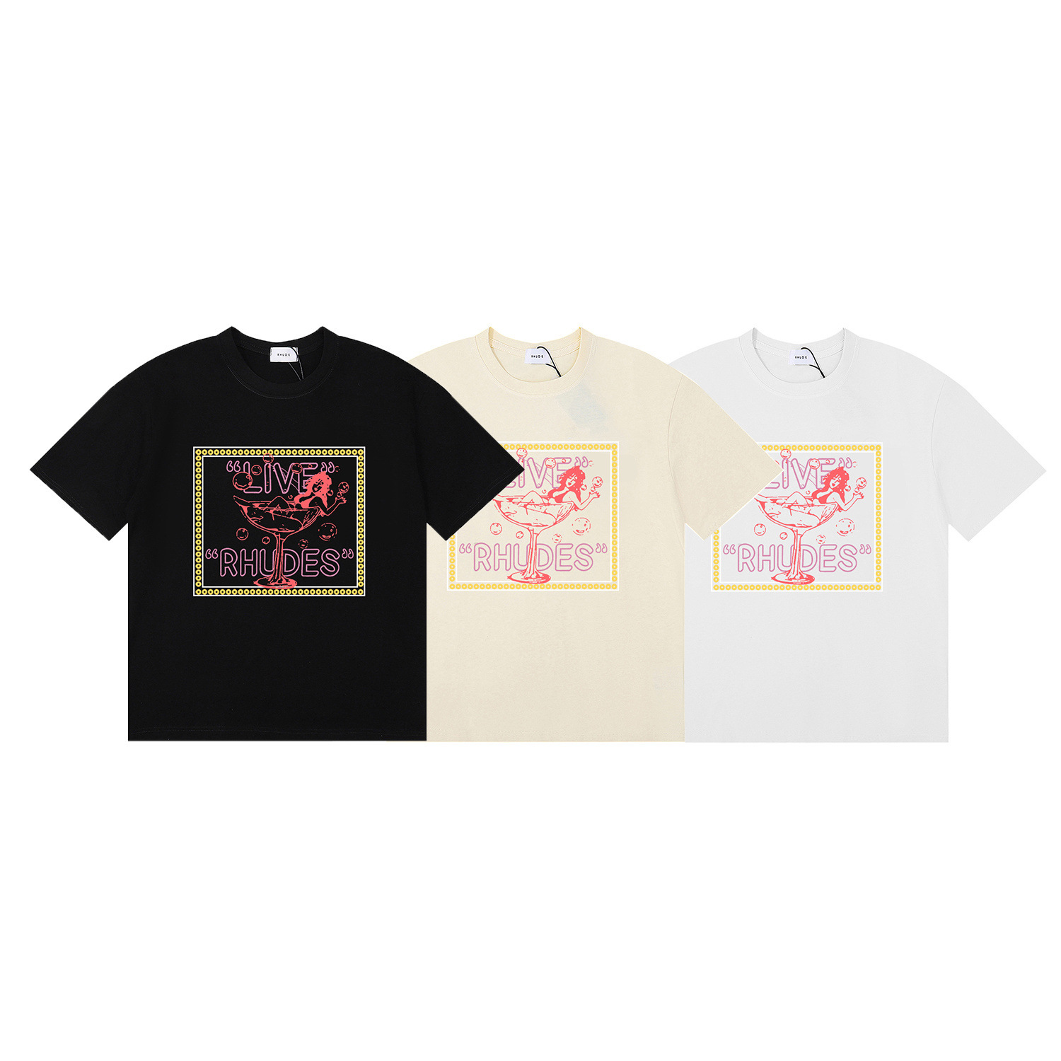 American Trendy Rhude Live Goblet Bikini Beauty Print High-Quality Double Yarn Pure Cotton Casual Short-Sleeved T-Shirt