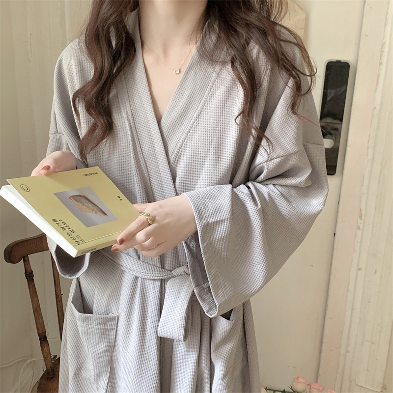 Korean Simple Pure Color Waffle Sweet Nightgown Women's Autumn and Winter Bathrobe Kimono Long Home Wear Pajamas Outer Wear
