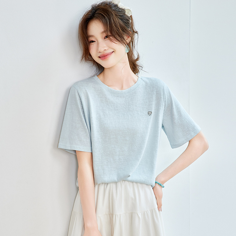2025 Summer New Simple Casual Comfortable Slim Loose Top Thin Round Neck Embroidered Short Sleeve Solid Color T-shirt for Women