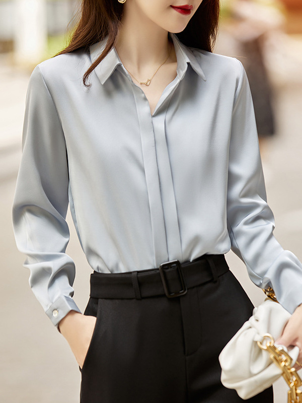 Seven Valley Niang Grey Shirt Women's 2024 New High-end Fashion Western Style Spring Chiffon Long Sleeve Professional Shirt Top