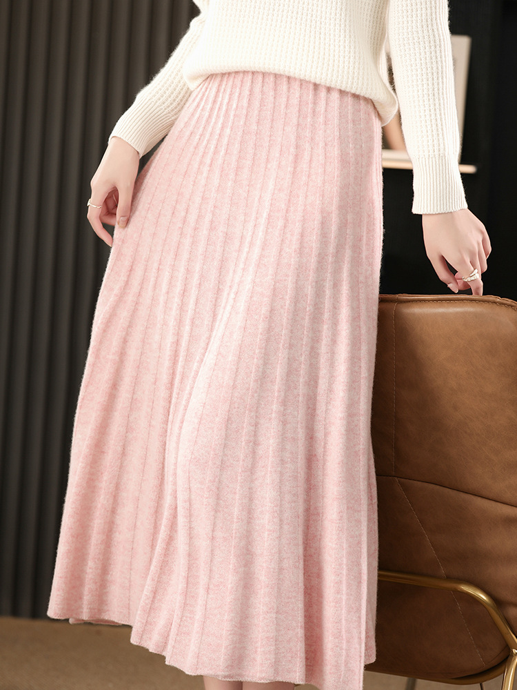 24 Autumn and Winter New Pure Wool Pleated Skirt Skirt Solid Color High Waist Mid-length Elegant Cashmere Knitted Large Swing Skirt
