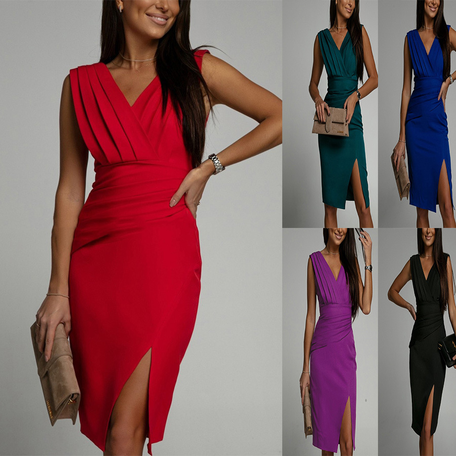 Cross-Border Foreign Trade European and American Long Dress New Style V-Neck Sleeveless Slit High-Waisted Evening Dress Women's Island Vacation Dress