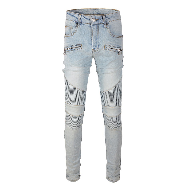 European and American Trendy Brand American Motorcycle Jeans Men's High Street Jeans Distressed Multi-Flap Pocket Pants Slim Stretch 1098