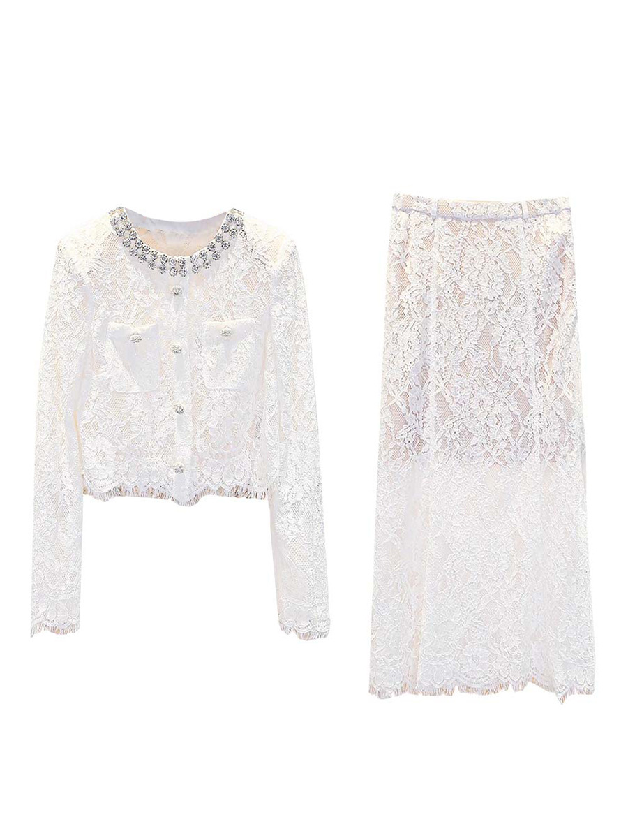 SP2025 Early Spring New Diamond-encrusted Lace Perspective Top Long Skirt Heavy Industry Thousand Gold Celebrity suit