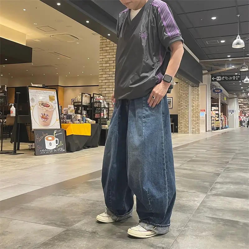 Needles track Butterfly European and American OS Chubby Wide Leg Pants H.D Japanese Leisure Lantern Washed Denim Pants