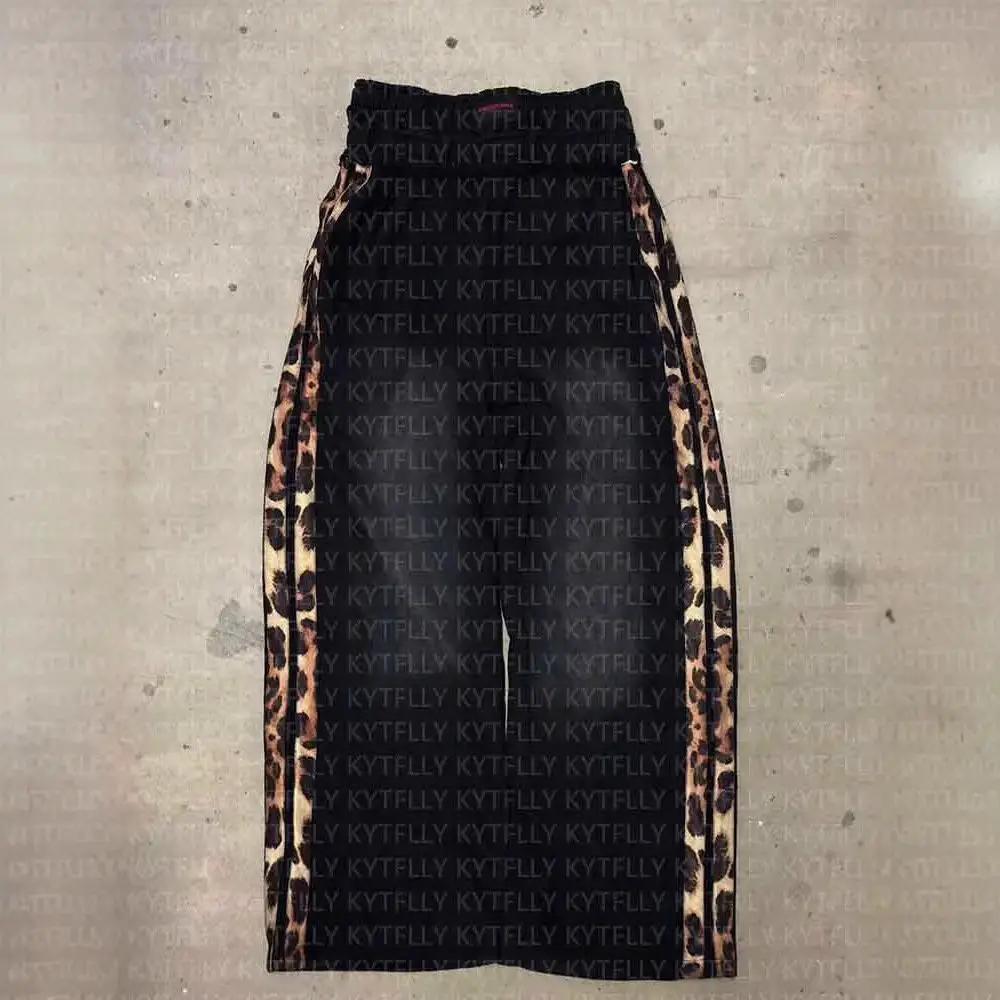 Independent Station American Retro Summer New Black Leopard Print Edge Double Waist Pants Wide Leg Pants Gothic Men's and Women's Pants