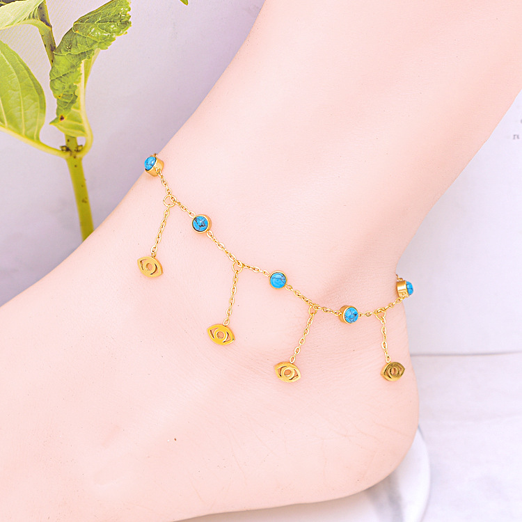 New style fresh turquoise titanium steel anklet lucky grass butterfly eyes life tree tassel pendant anklet color retaining