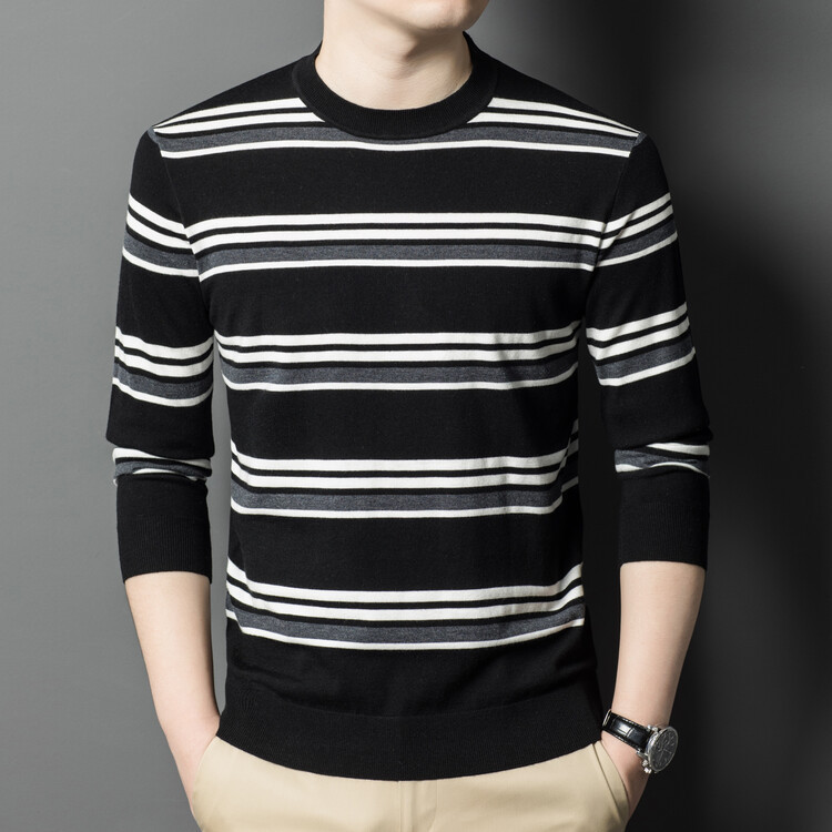 Autumn New Striped Long-Sleeved Knitwear Wool Fashionable Round Neck Casual Men's Base Layer Shirt