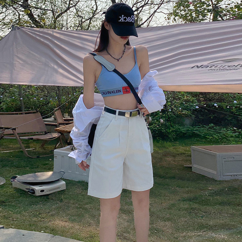New casual cropped jeans women's pants straight wide leg A- line solid color summer shorts (including belt price)