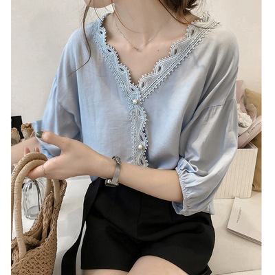 Spot Summer Korean Style New V-neck Chiffon Shirt Women's Short-sleeved Fashion Crochet Lace Stitching Top Base Shirt Trendy
