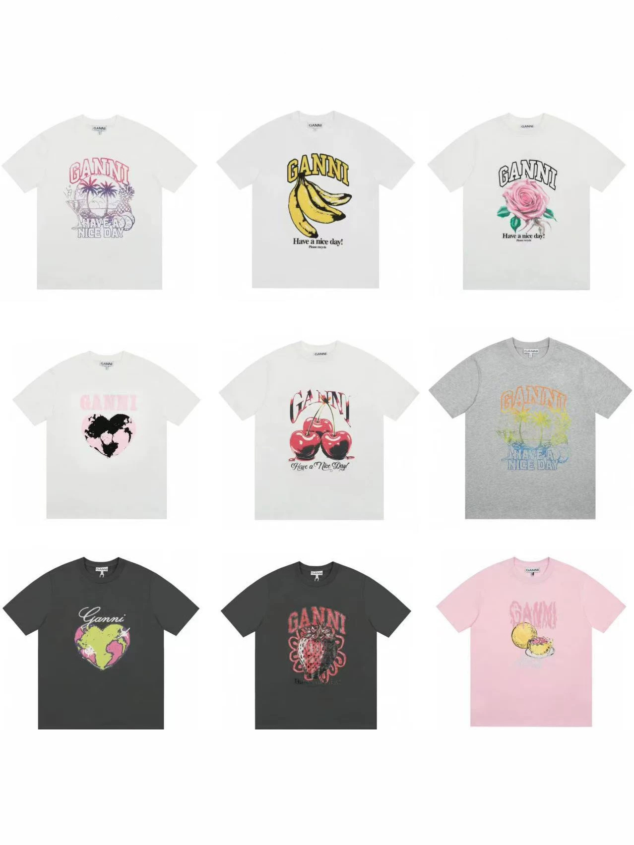 2024 Summer New GAN Letter Sun Smiley Printed Internet Celebrity Same Style Round Neck Loose Short-sleeved T-shirt for Men and Women