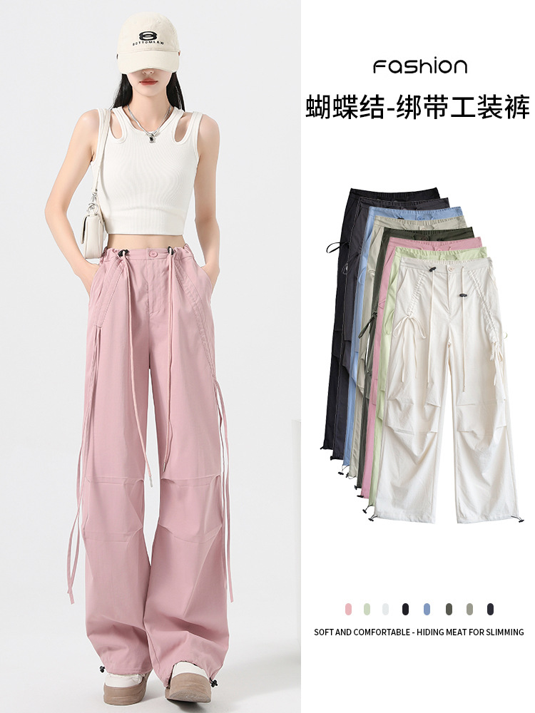 American Style Bow Strap Crane Pants Women's Pink Spring New Quick-drying Casual Pants Small Casual Long Pants