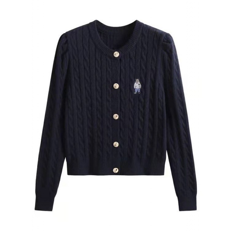 Korean version of twist solid color knitted cardigan new bear embroidered round neck sweater women's 2024 autumn and winter short coat