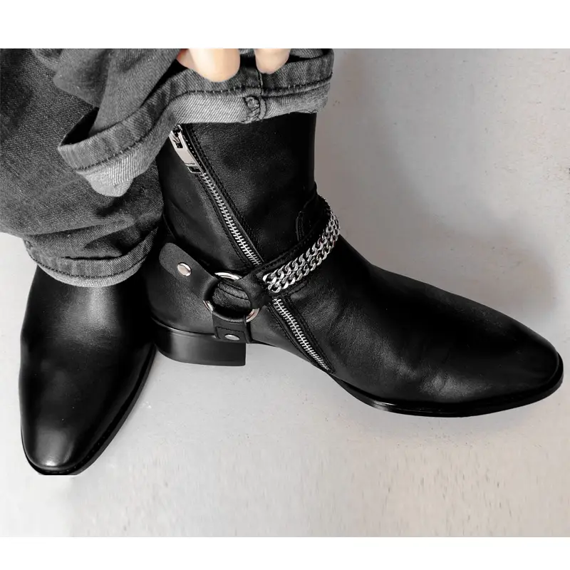 New Europe and the United States summer CHELSEA BOOT Chelsea boots men's pointed leather high street ring buckle Martin boots tide