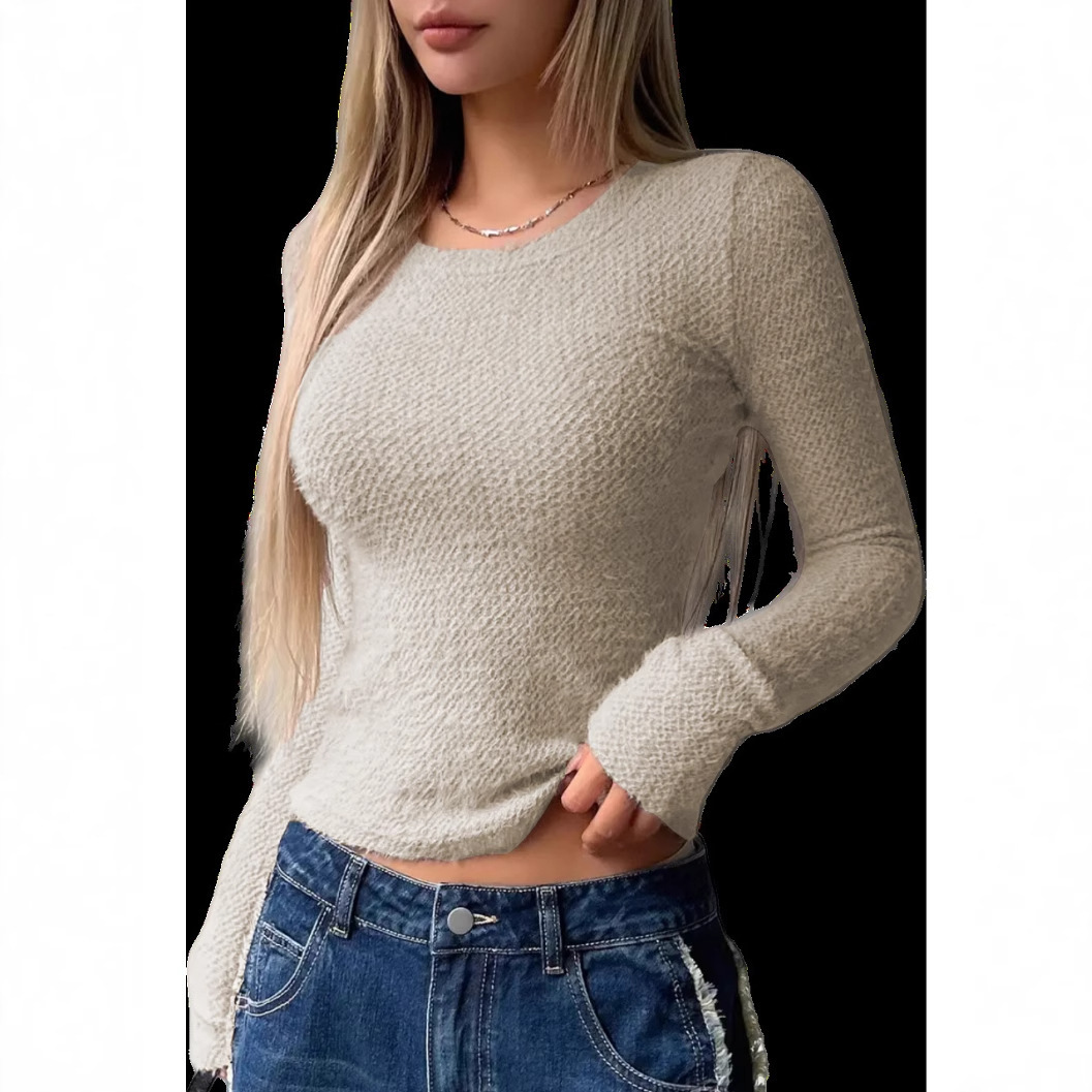 Slim-Fit Woolen Brushed Base Shirt for Women, Autumn and Winter Style, Comfortable, Casual, Fashionable, Versatile, Solid Color, Slimming T-Shirt Top
