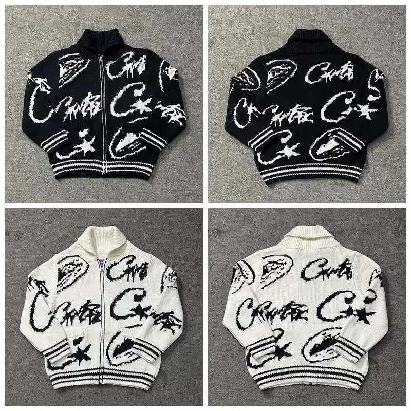 Croteiz Letter Jacquard Knit Sweater Zipper Cardigan Jacket Hip-Hop Drill American Vibe