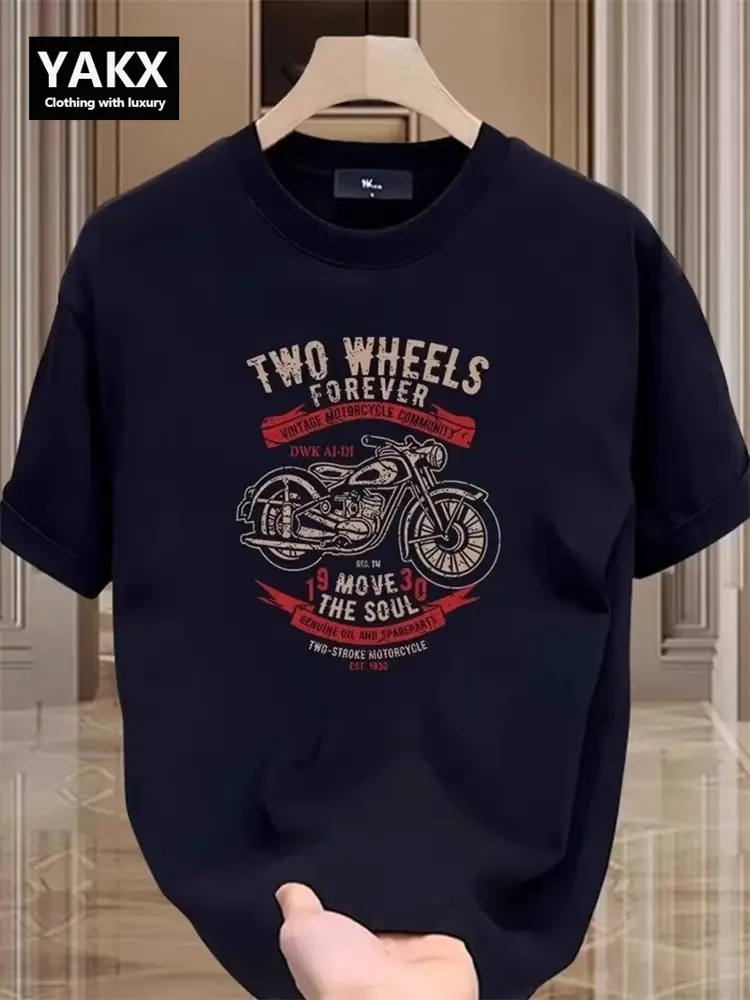 Classy pure cotton Short-Sleeved T-Shirt Men Summer 2025 New arrival Retro Motorcycle Print Half-Sleeved T-Shirt Men's Style