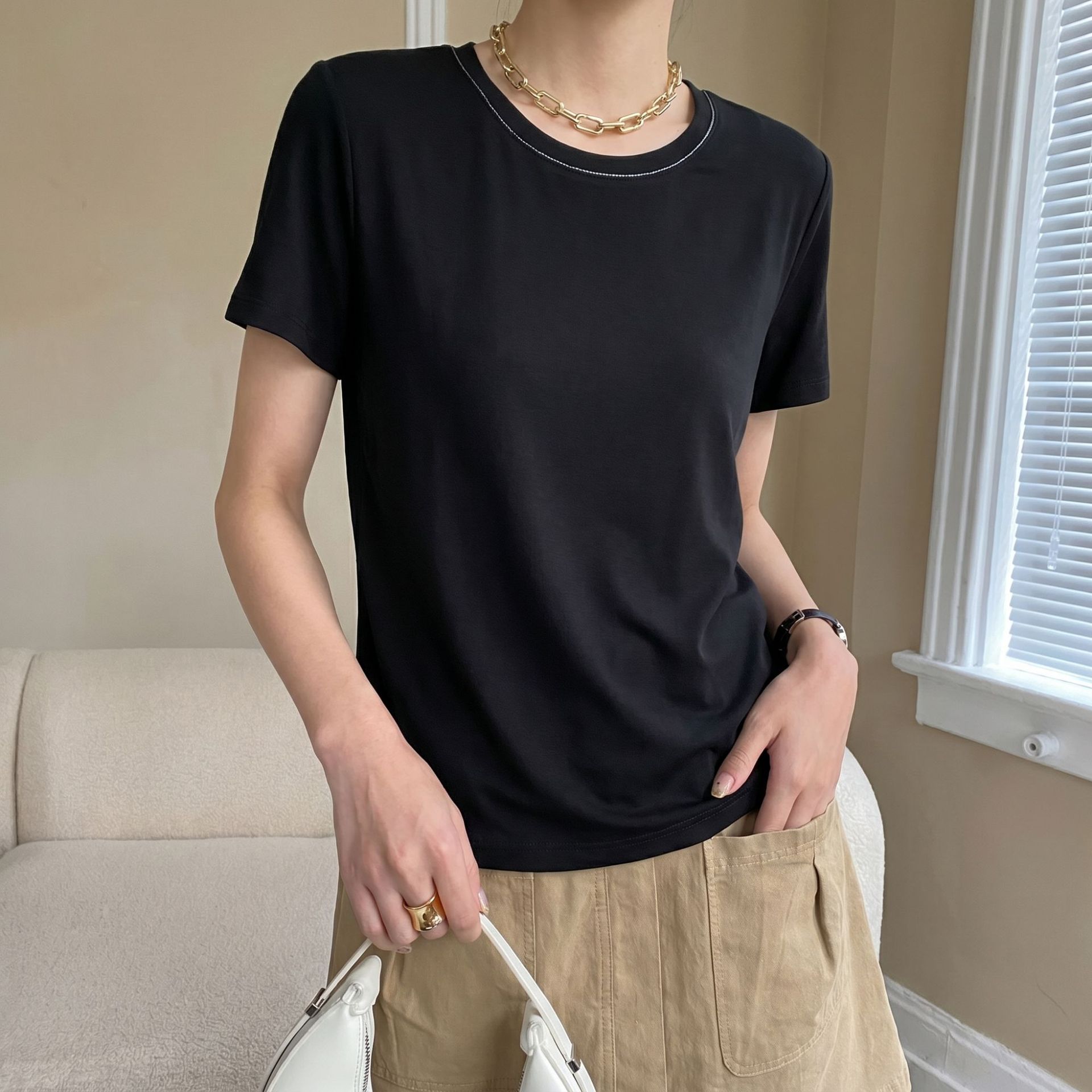 New Style Liquid Ammonia Beaded Round Neck T-Shirt Made of Xinjiang Long-Staple Cotton, Simple Loose-Fitting Solid Color Top for Women