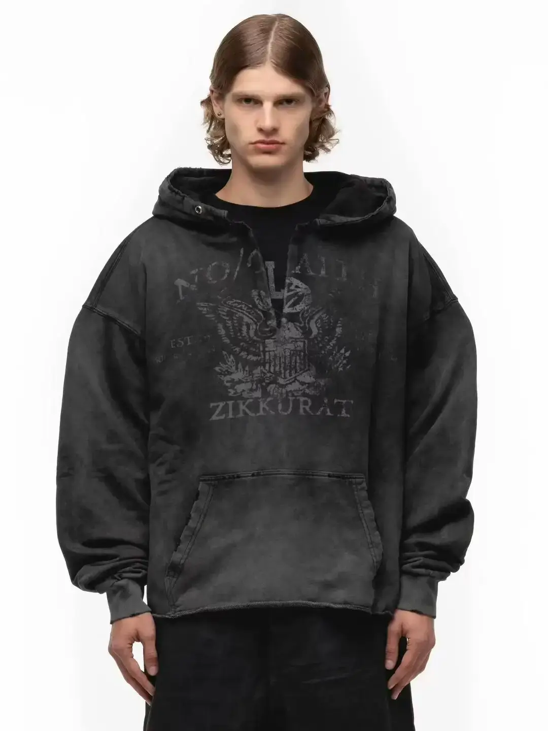 No/Faith Studios American Retro Washed Distressed Printed Hooded Loose Sweatshirt Drop Shoulder Hoodie