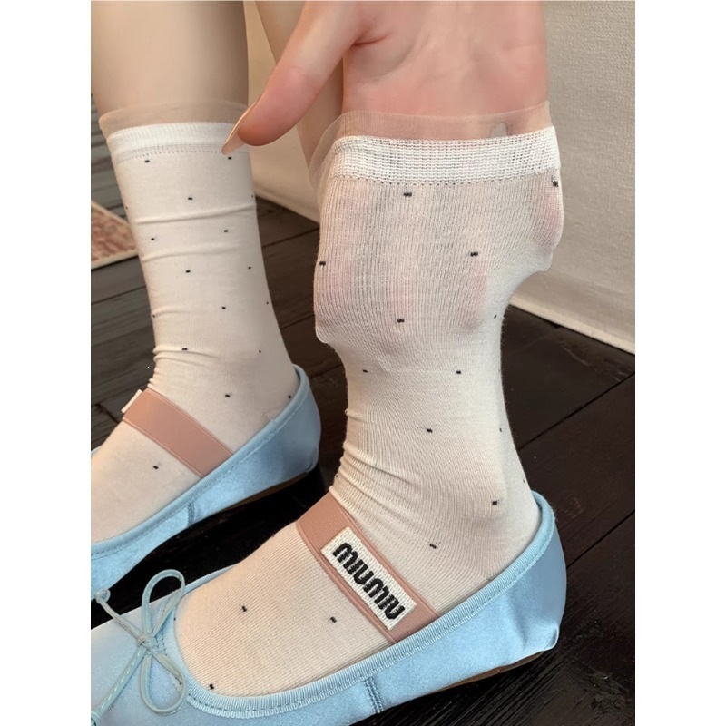 Miu White Polka Dot Socks for Women, Mid-Calf Socks, Spring and Autumn Style, Pure Cotton Lace, Summer Thin Ballet Style Slouch Socks