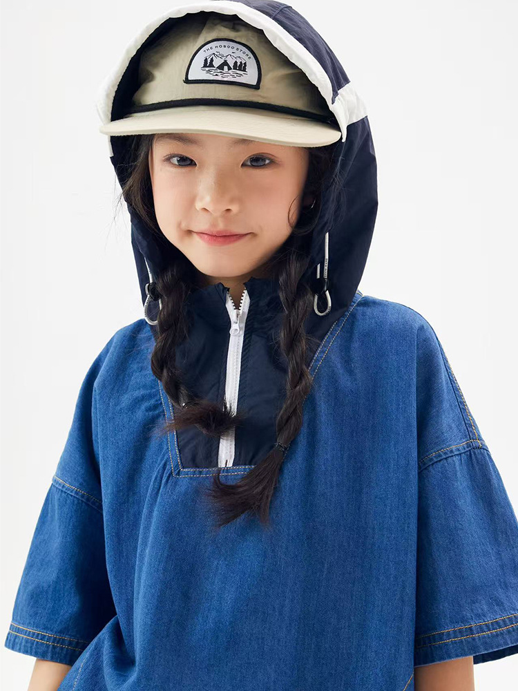 Children's Denim Short-Sleeve 2026 Summer New Korean-Style Hooded Thin Top for Girls, Trendy T-Shirt for Older Kids