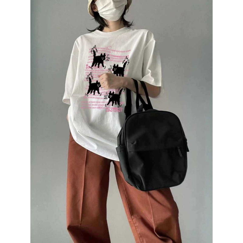Foreign Trade Cross-Border Summer Loose Mid-Length Pure Cotton Short-Sleeved T-Shirt Tops Personalized Cat Print Bottoming Shirt for Women