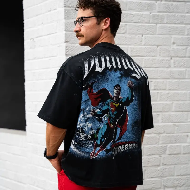 Superman co-branded American trend printing large size loose heavyweight men's sports fitness short sleeve T-shirt