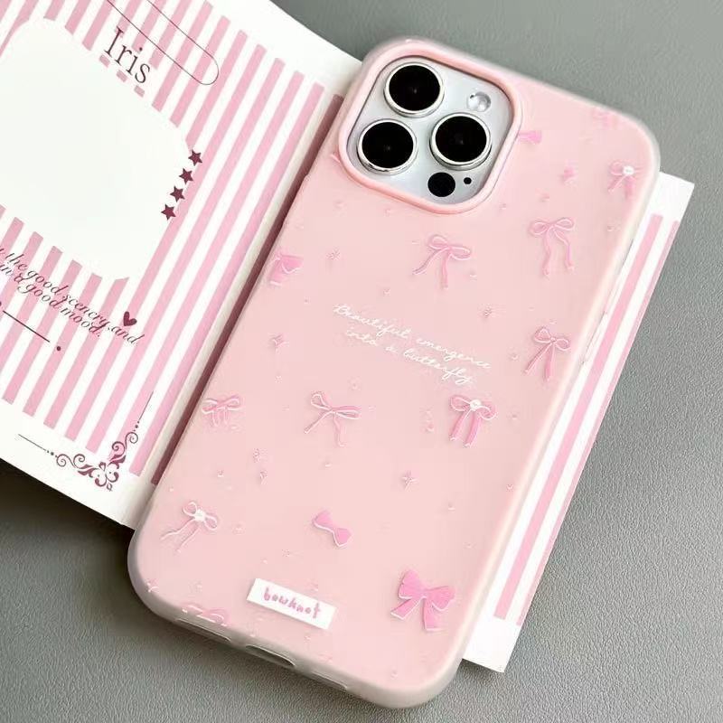 Pink Bow Suitable for Apple 16Promax Jelly Two-In-One 14 15 Cartoon Cute 17 Hard Shell 15Pro