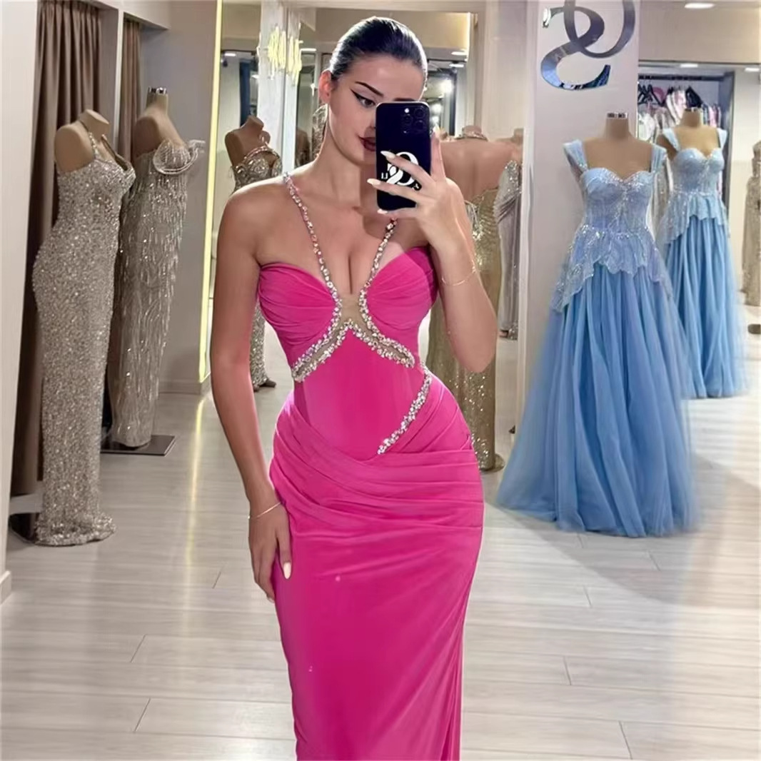 Unique Sweet and Sexy Hot Girl Style Bodycon Long Dress, Chic and Alluring, Bandage-Style Slim-Fit Ruched Halter Neck Dress