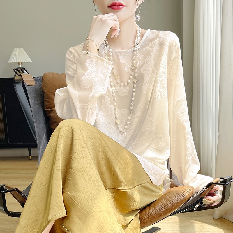 Summer Thin Chinese-Style New Chinese-Style Tops for Women, Thin Long-Sleeved Shirts, Retro Jacquard Sun Protection Cover-Ups, Satin Base Layer