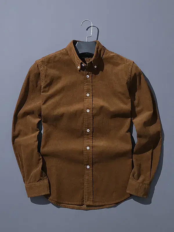 New Men's Corduroy Long-Sleeved Shirt, Business Casual, Pure Cotton, Solid Color, Small Logo Embroidered Shirt