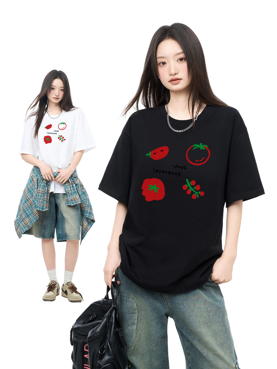 Summer 230g Fresh and Interesting Printed T-Shirt for Women Casual Japanese Style Style Loose Round Neck Niche Couple Trendy Brand Short Sleeves