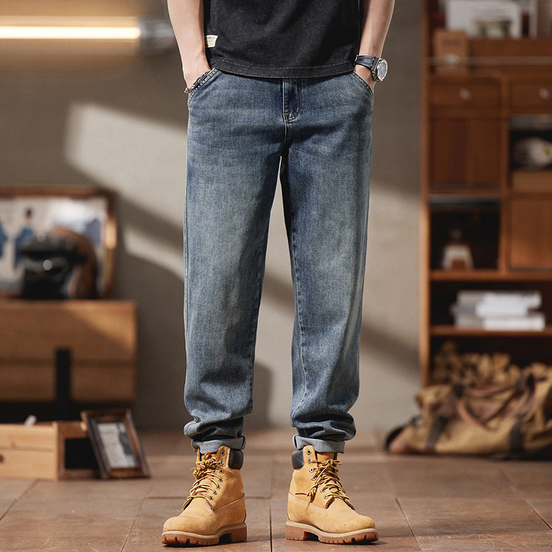 1083 | plus size Men's Spring and Summer New Vintage Jeans Men's Loose Plus Size Elastic Thin Leg Pants