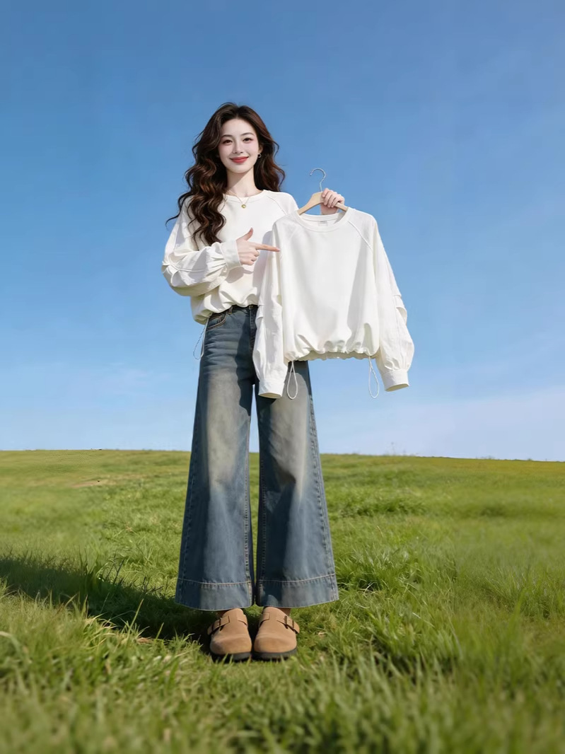 Stylish Drawstring White Long-Sleeve Sweatshirt for Women, 2026 Spring, Plus Size, Loose Fit, Unique and Beautiful Top, Hot-Selling Item