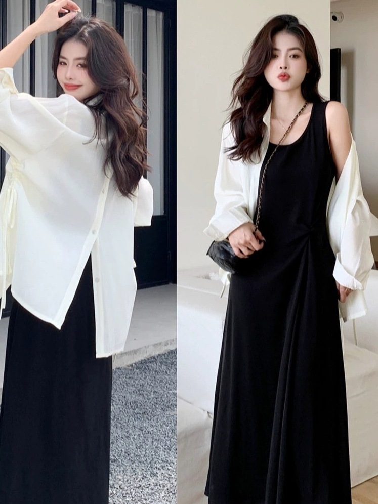 Plus-Size Women's Black Tank Dress, Elegant and Slimming Dress for Curvy Women, Tummy-Concealing Dress, Shirt and Jacket Two-Piece Set for Women