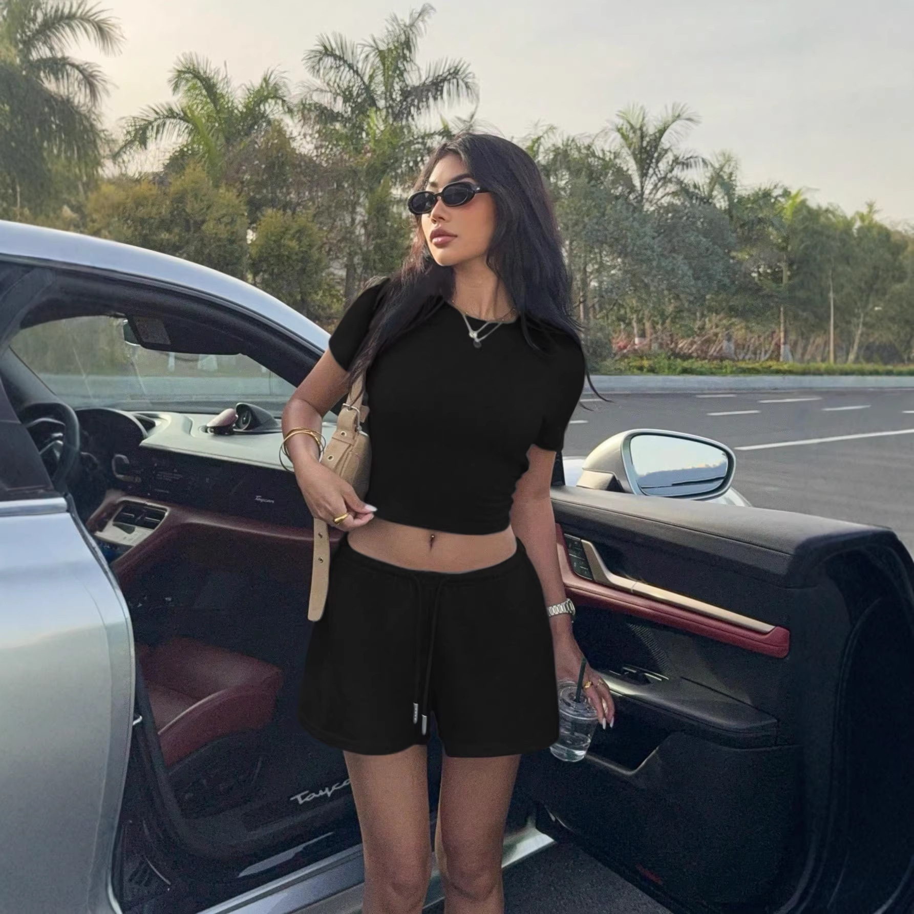2026 European and American Cross-Border New Product Hot Girl Sexy Casual Sports Waist-Slimming Short-Sleeved Top T-Shirt Shorts Set